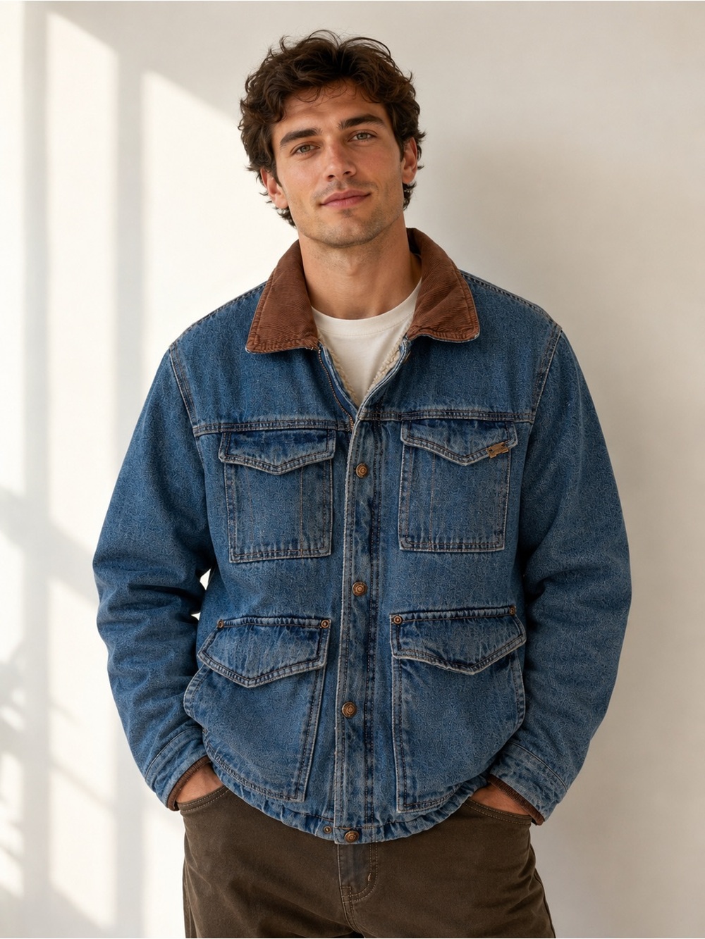Vintage Wrangler Denim Jacket with Orange Logo and Brown Corduroy Collar